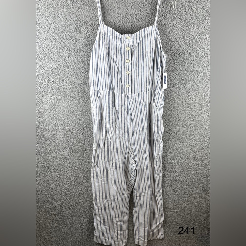 NWT Women’s OLD NAVY Blue & White Linen Blend Spaghetti Strap Jumpsuit Sz Large